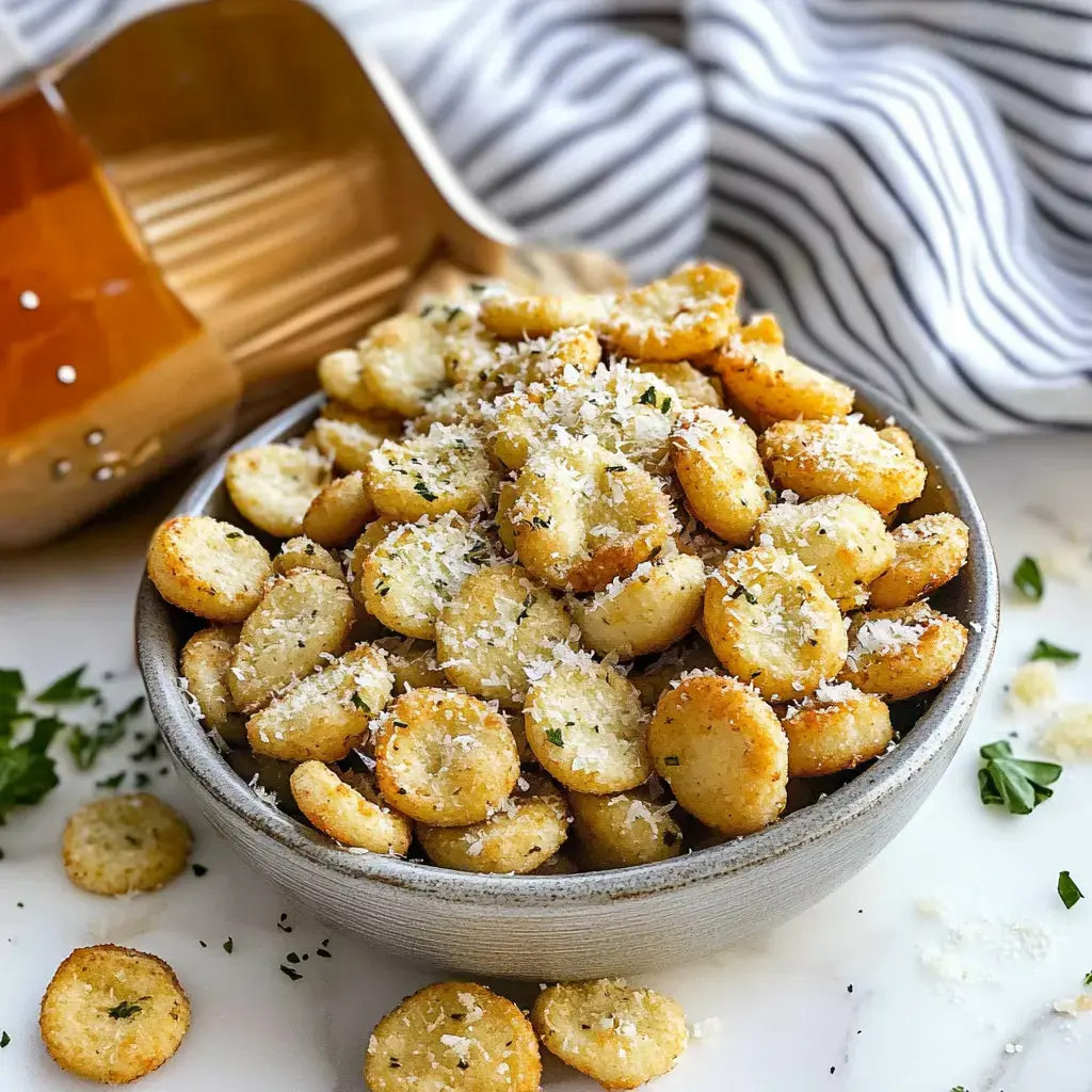 A bowl of crispy, golden bite-sized snacks topped with grated cheese and herbs, accompanied by a kitchen utensil in the background.