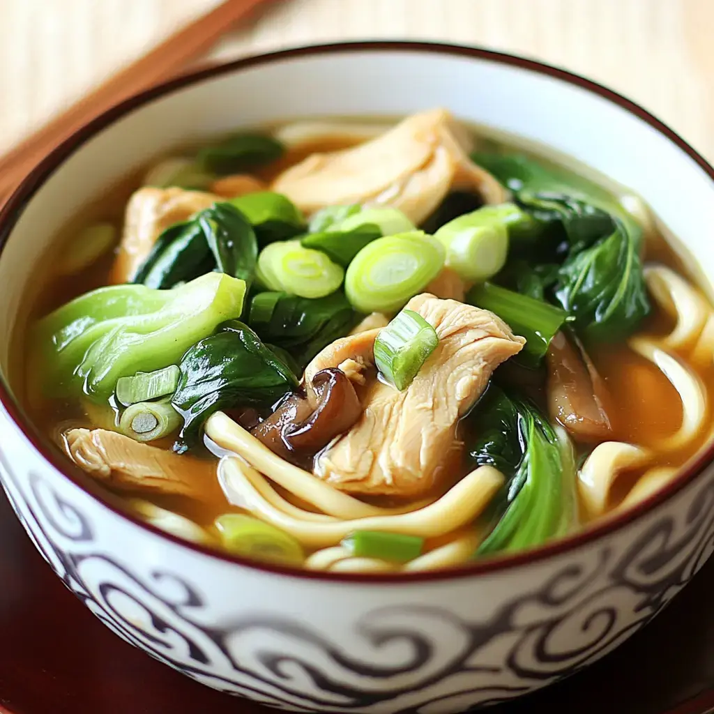 A bowl of chicken noodle soup featuring noodles, pieces of chicken, leafy greens, and chopped green onions in a savory broth.