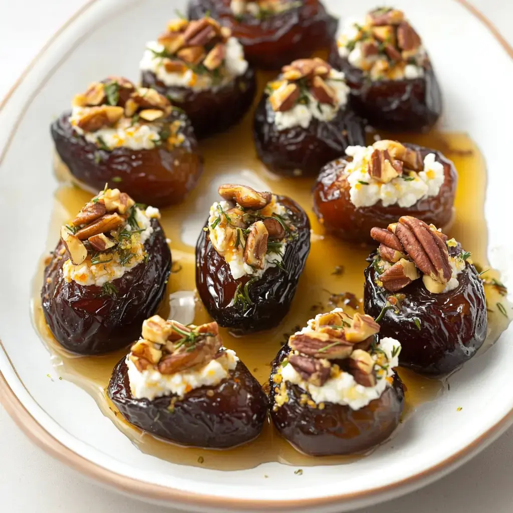 A platter of stuffed dates topped with cream cheese, crushed pecans, and a drizzle of honey.