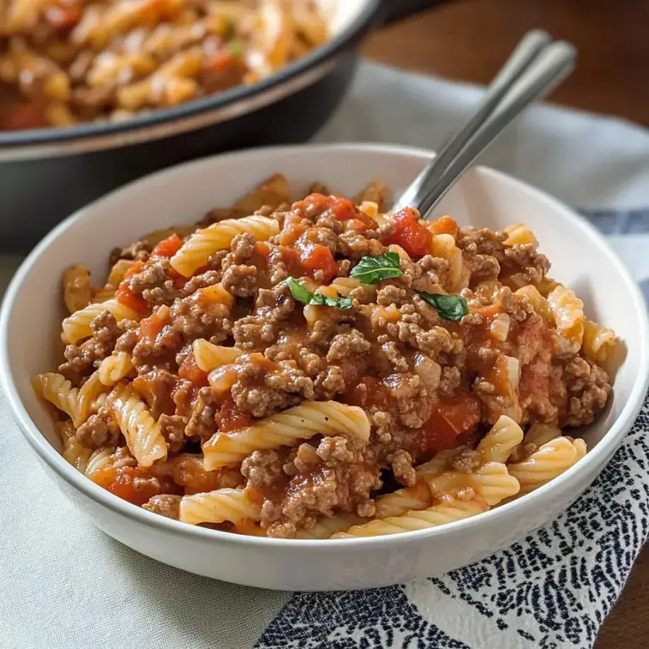 A bowl of pasta with ground beef and tomato sauce, garnished with a sprig of basil.