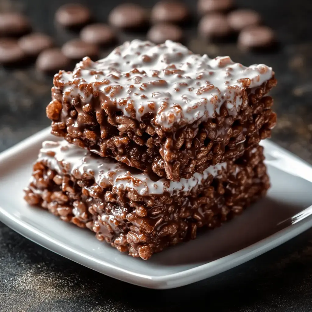 Two chocolate crispy treats with a glossy white topping are stacked on a small white plate, with chocolate buttons scattered in the background.