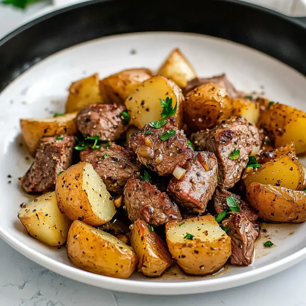 A plate of seasoned roasted potatoes and tender beef chunks garnished with herbs.