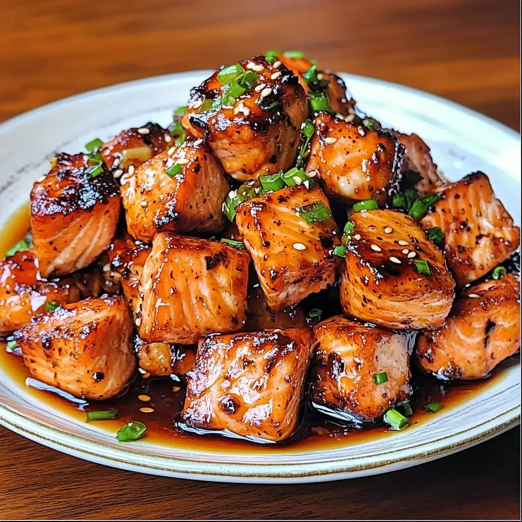 A plate of glazed, cubed salmon topped with green onions and sesame seeds.