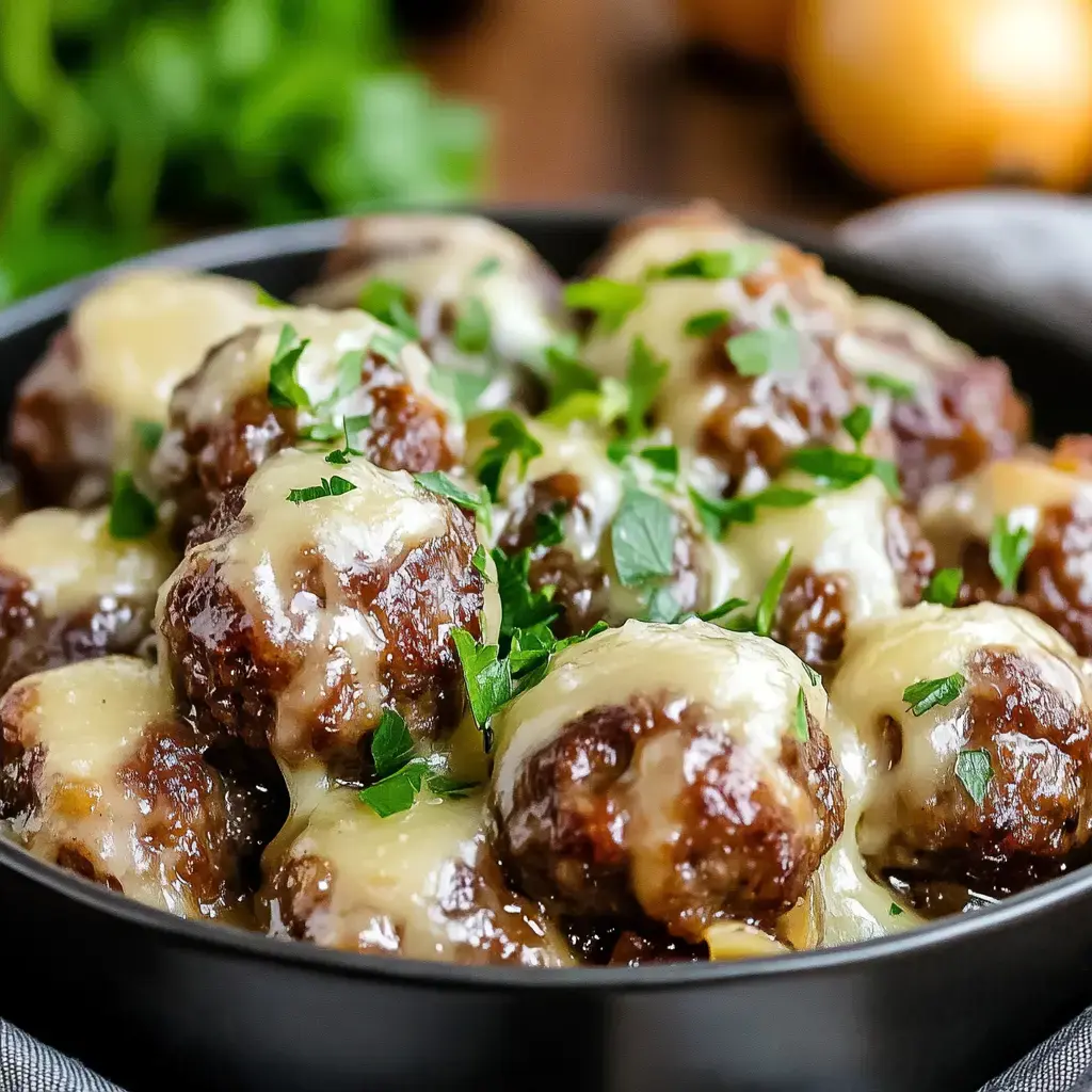 A close-up of juicy meatballs topped with melted cheese and garnished with parsley, served in a black bowl.