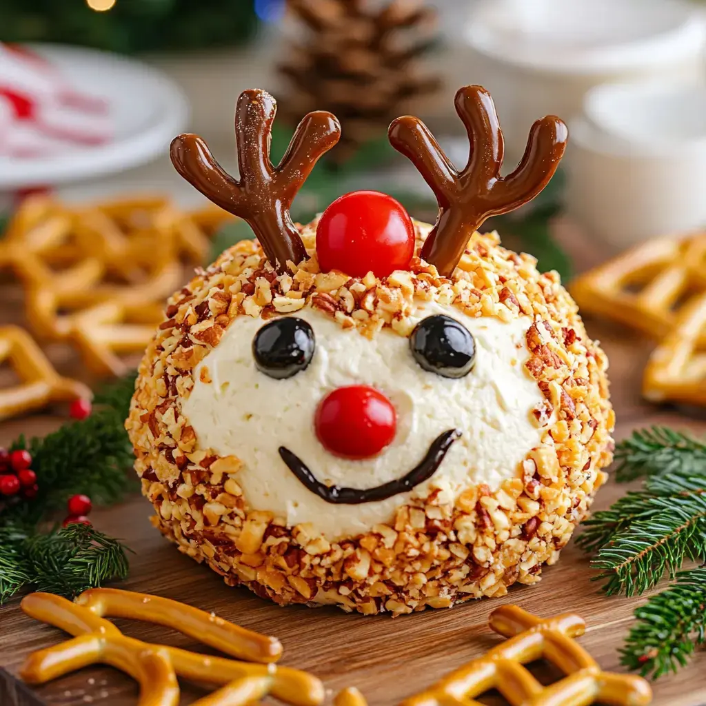 A festive cheese ball shaped like a reindeer, decorated with pretzel antlers, a cherry nose, and black olive eyes, surrounded by holiday-themed snacks.