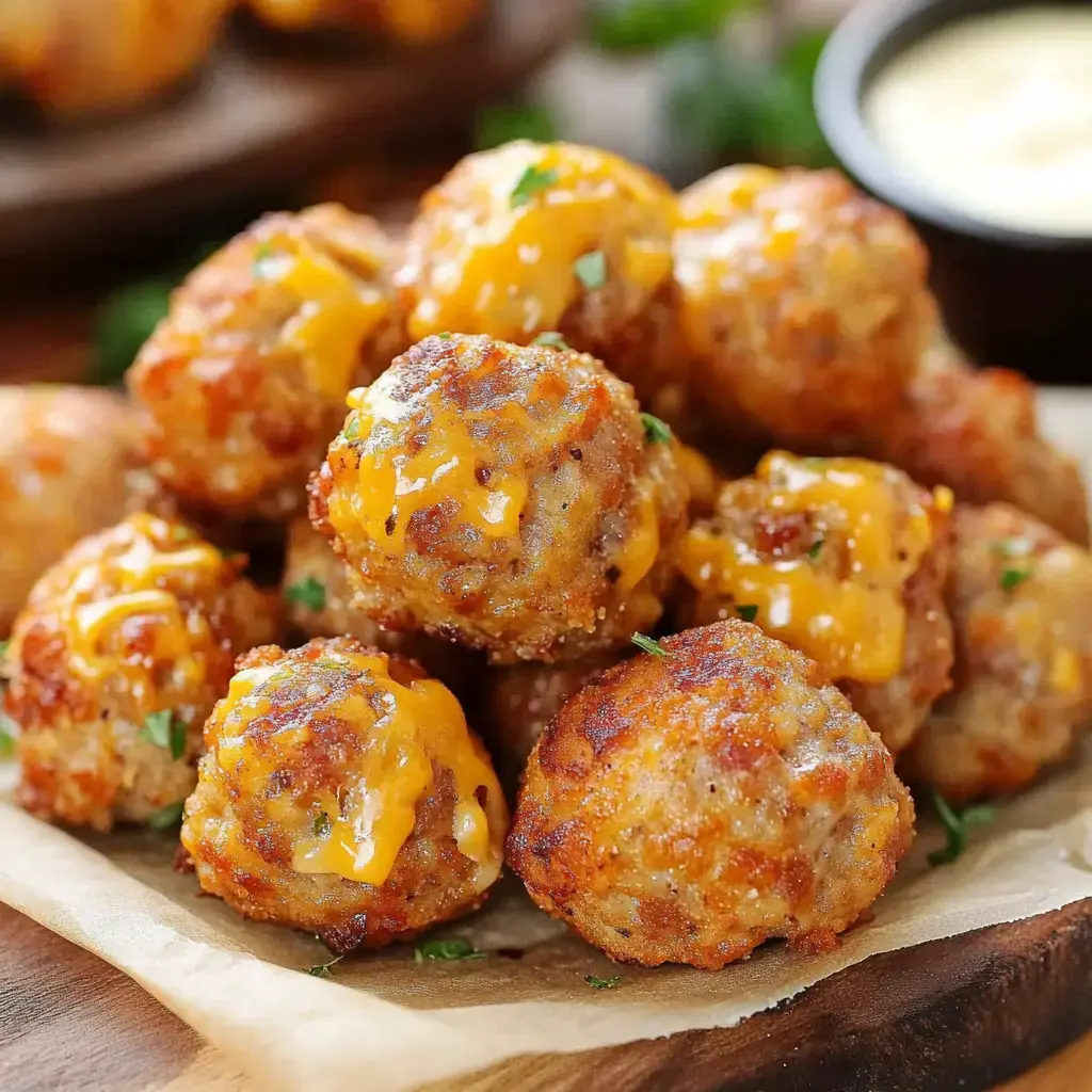 A close-up of golden-brown meatballs topped with melted cheese and garnished with parsley on a wooden surface.