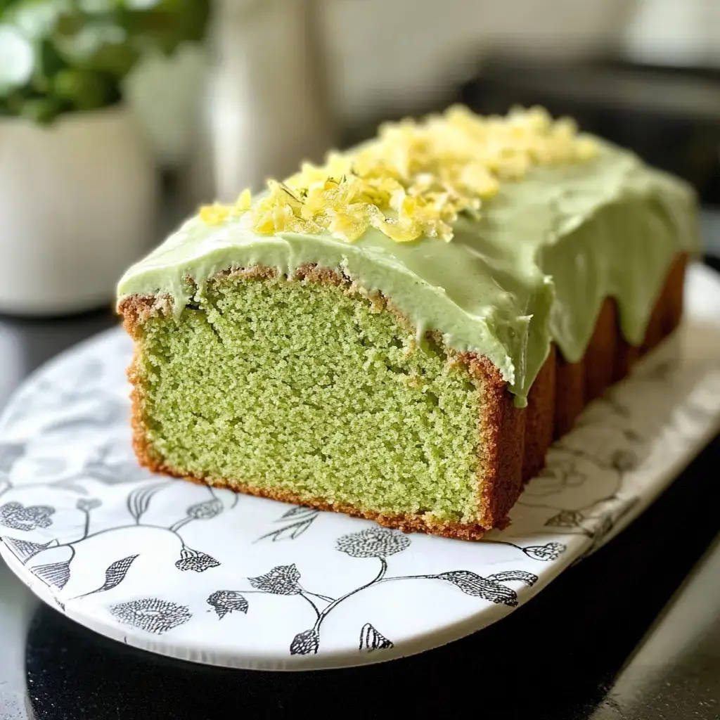 A slice of green cake topped with light green frosting and yellow garnish, presented on a floral-patterned plate.