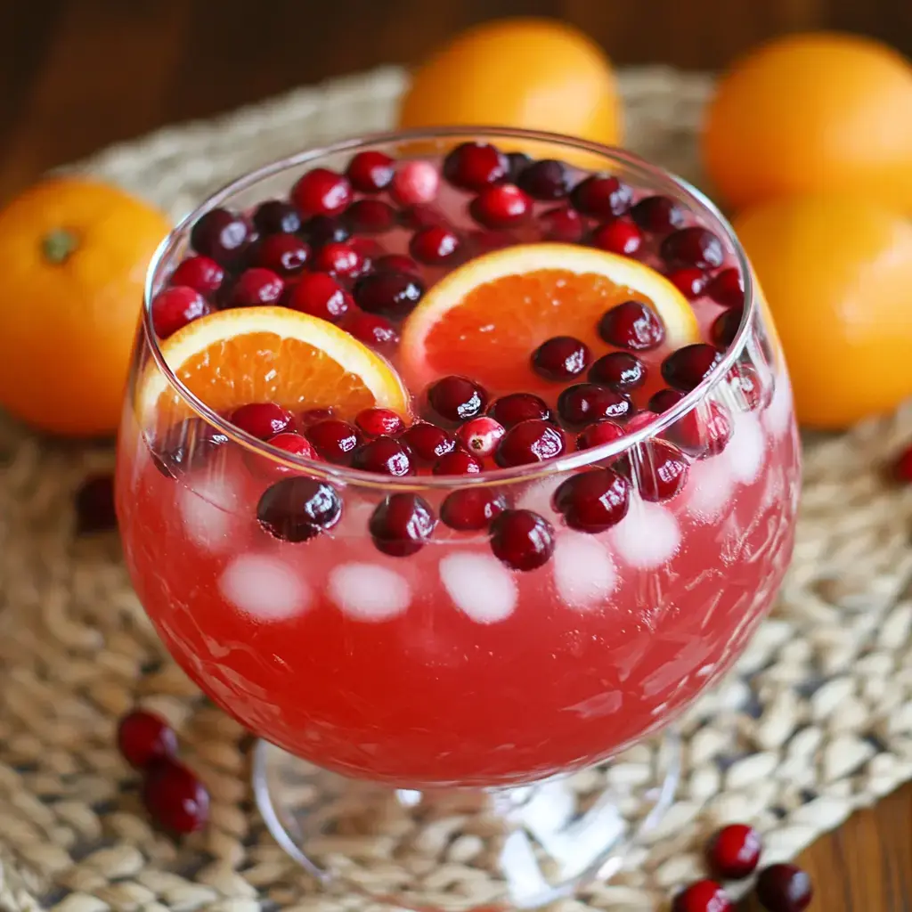 A glass bowl filled with a vibrant red drink garnished with cranberries and orange slices, resting on a woven placemat, with whole oranges in the background.