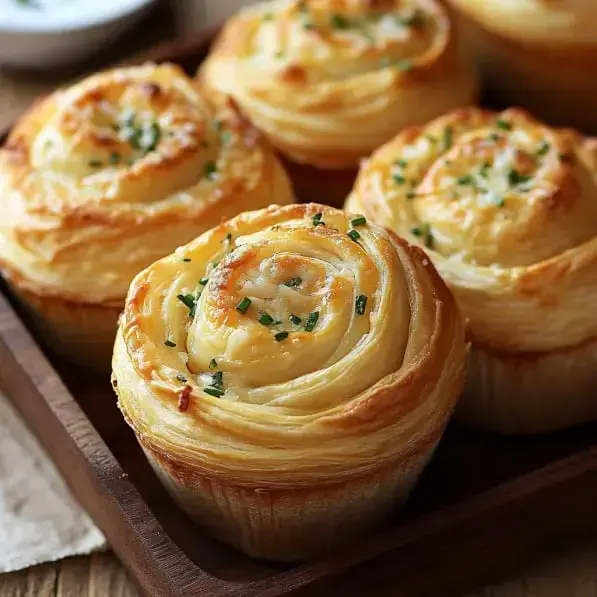 Freshly baked pastry rolls topped with herbs, arranged on a wooden tray.