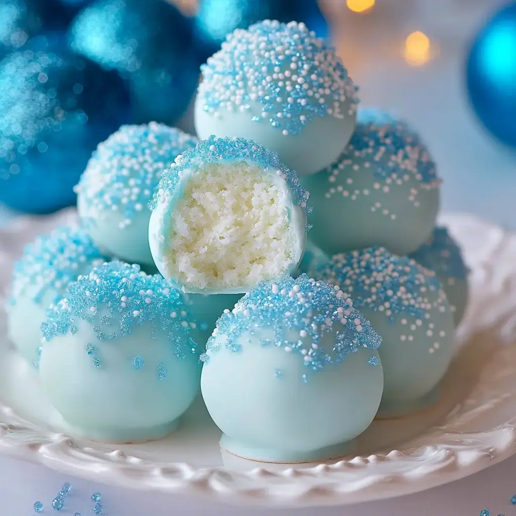 A plate of light blue cake balls decorated with blue and white sprinkles, with one cake ball cut in half to reveal its fluffy interior.