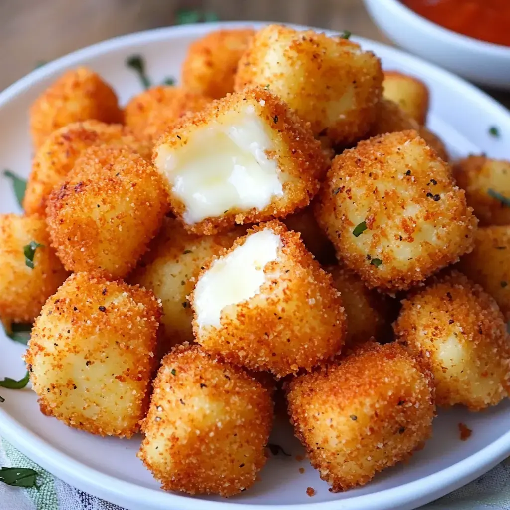 A plate of golden-brown breaded cheese bites, with one piece cut open to reveal its gooey, melted interior.