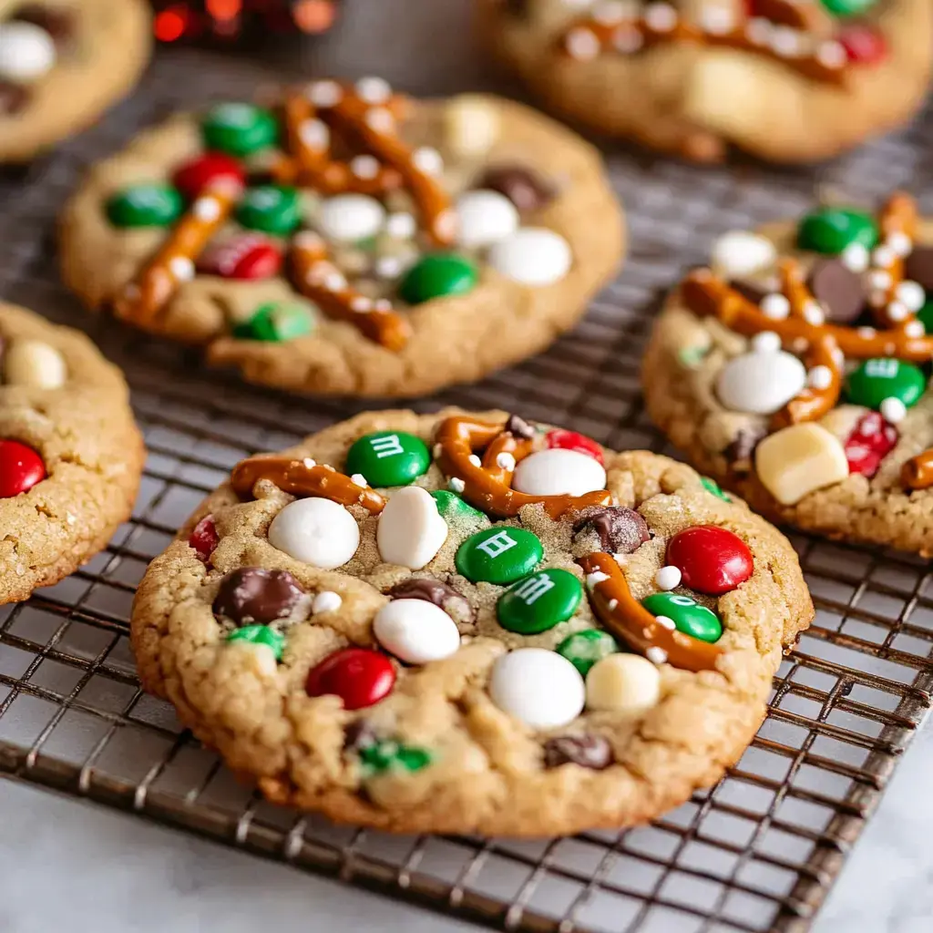 A close-up of decorated cookies featuring colorful candies and pretzel pieces arranged on a cooling rack.