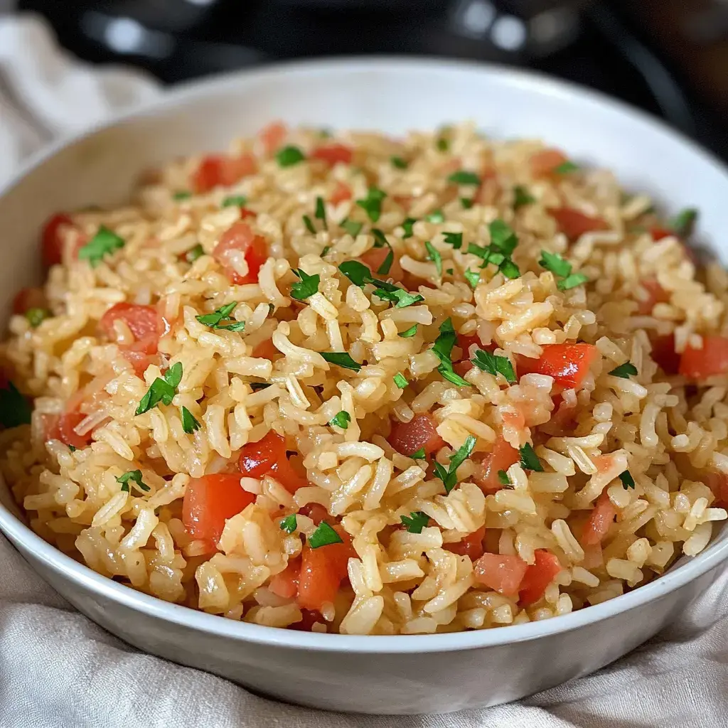 A close-up of a bowl of seasoned rice mixed with chopped tomatoes and garnished with fresh parsley.