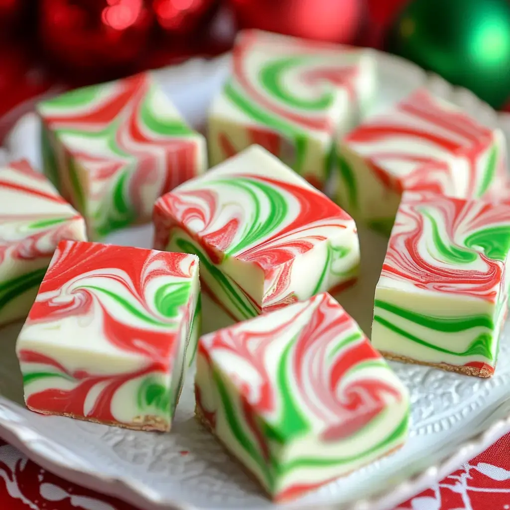 A plate of festive swirled candies in red, green, and white, arranged neatly for display.