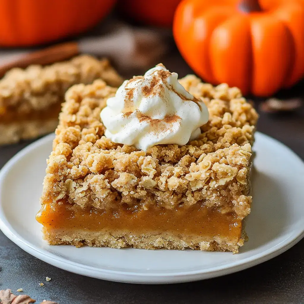 A slice of pumpkin dessert topped with whipped cream and cinnamon, displayed on a white plate with decorative pumpkins in the background.