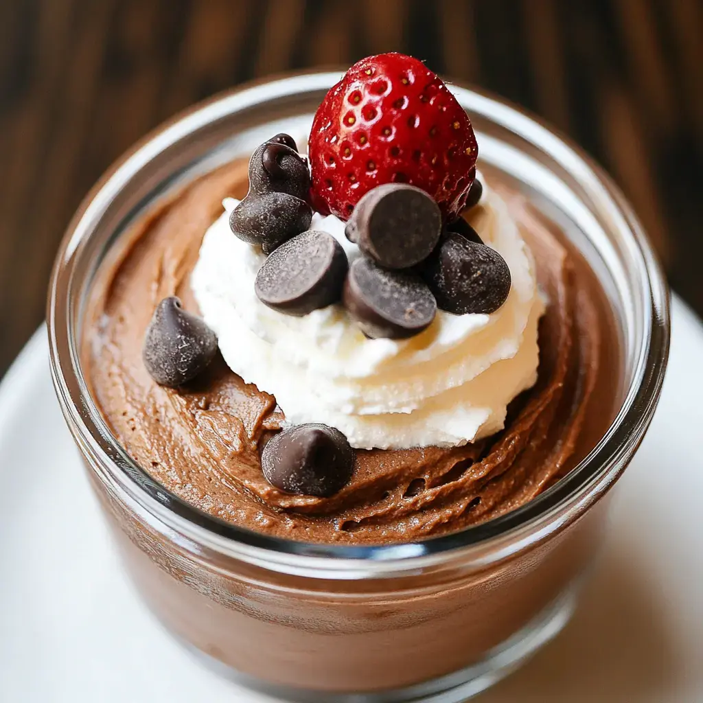 A creamy chocolate mousse topped with whipped cream, chocolate chips, and a fresh strawberry in a glass dessert cup.