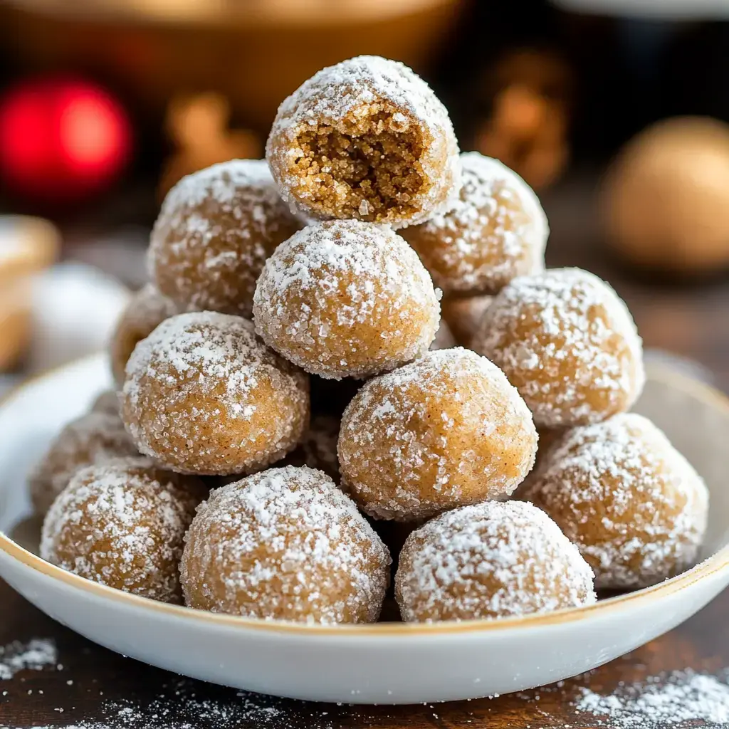 A plate is stacked with round, powdered sugar-coated treats, one showing a bite taken out of it.