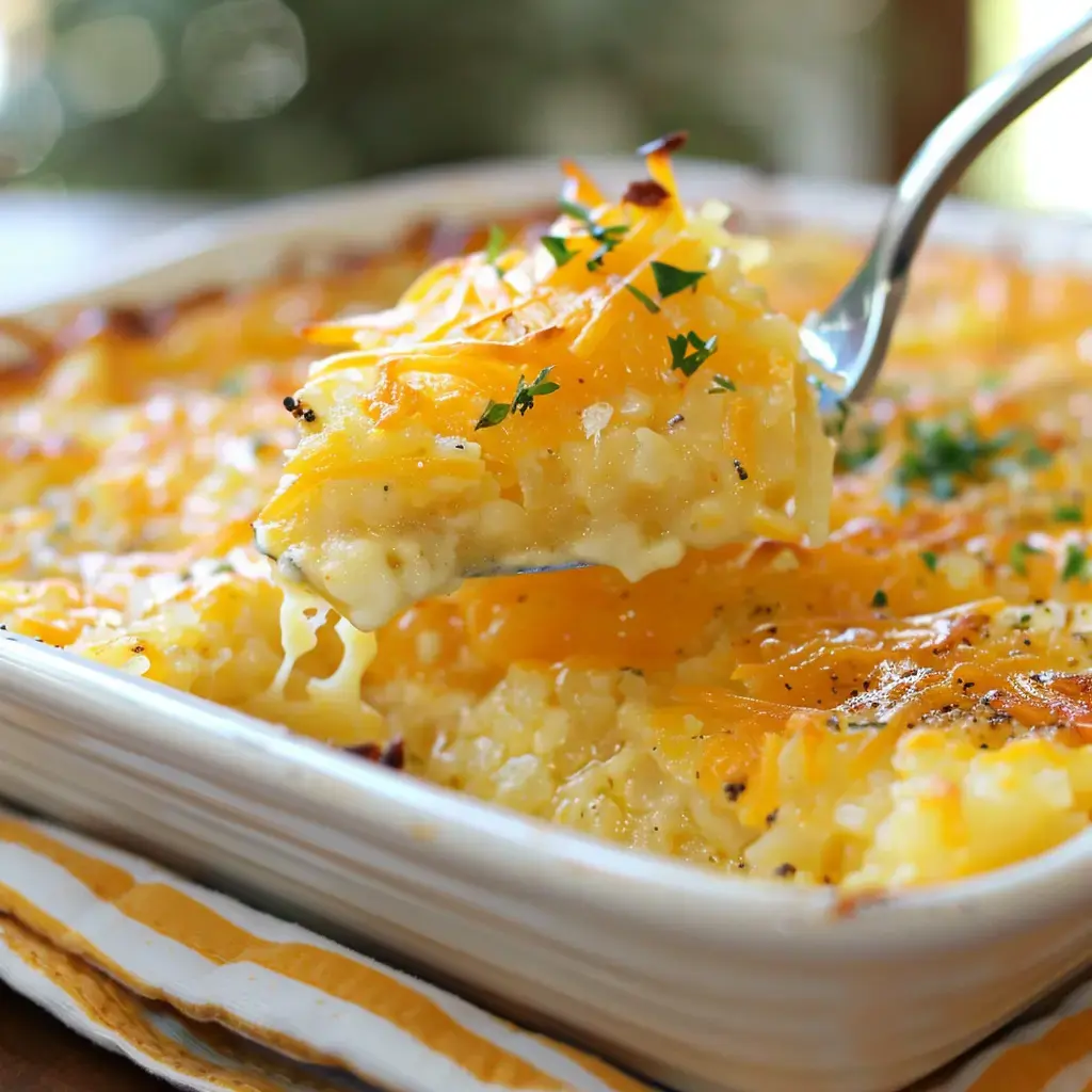 A spoonful of cheesy, baked macaroni and cheese is lifted from a dish, displaying a creamy texture and golden, melted cheese on top.