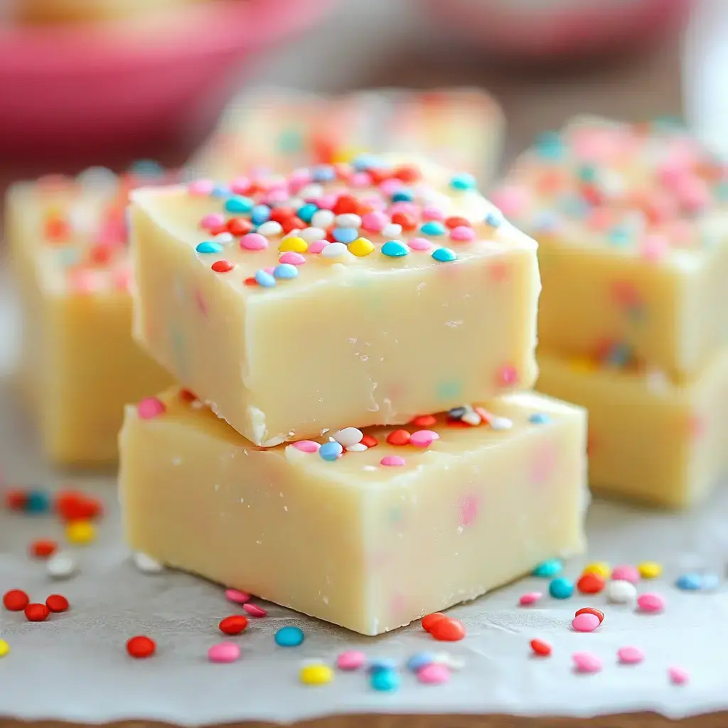 A stack of creamy white fudge topped with colorful sprinkles on a sheet of parchment paper.