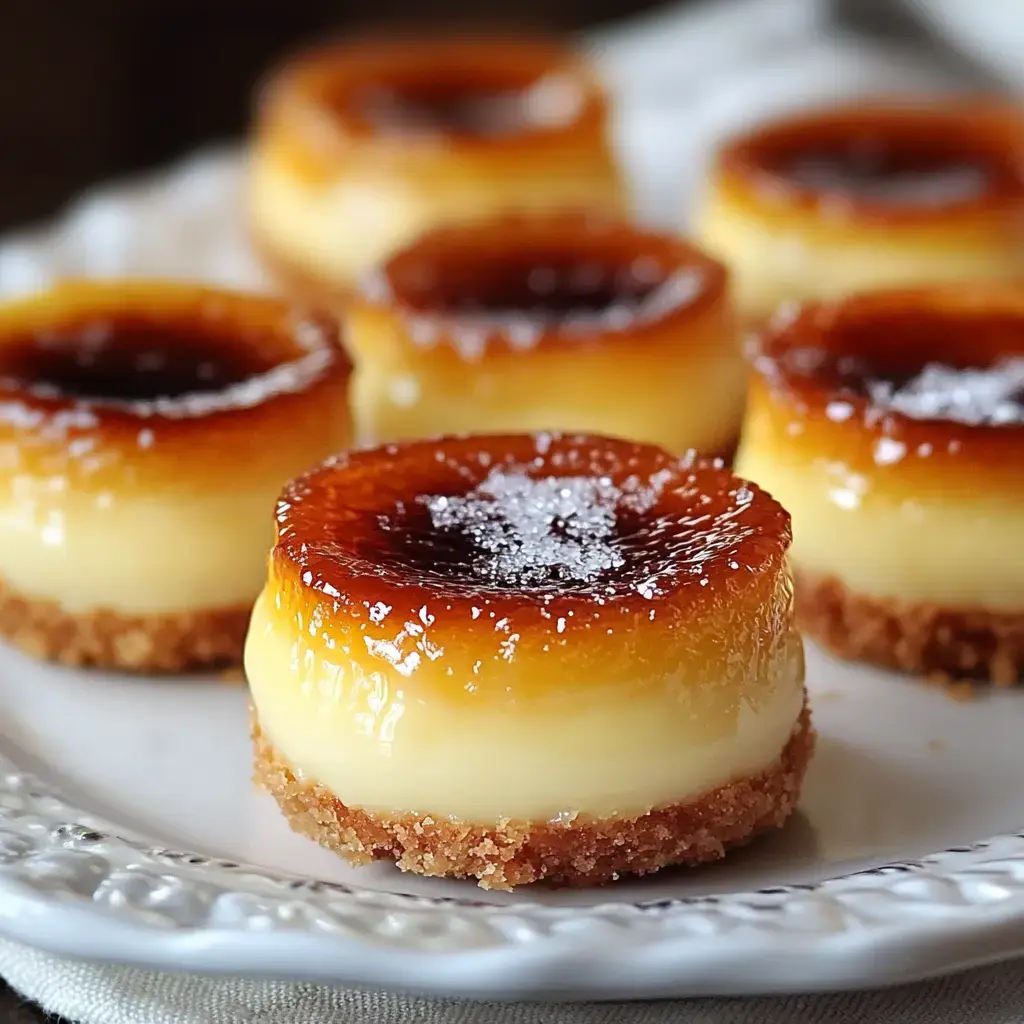 A plate of creamy, golden-brown flan desserts with a caramelized top and graham cracker crust.