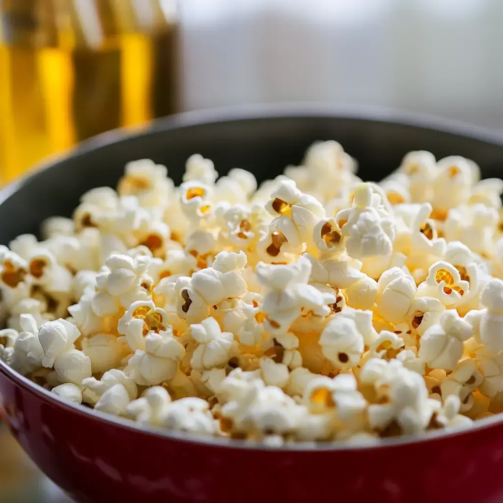 A close-up of a large bowl filled with fluffy, white popcorn, with bottles of oil visible in the background.