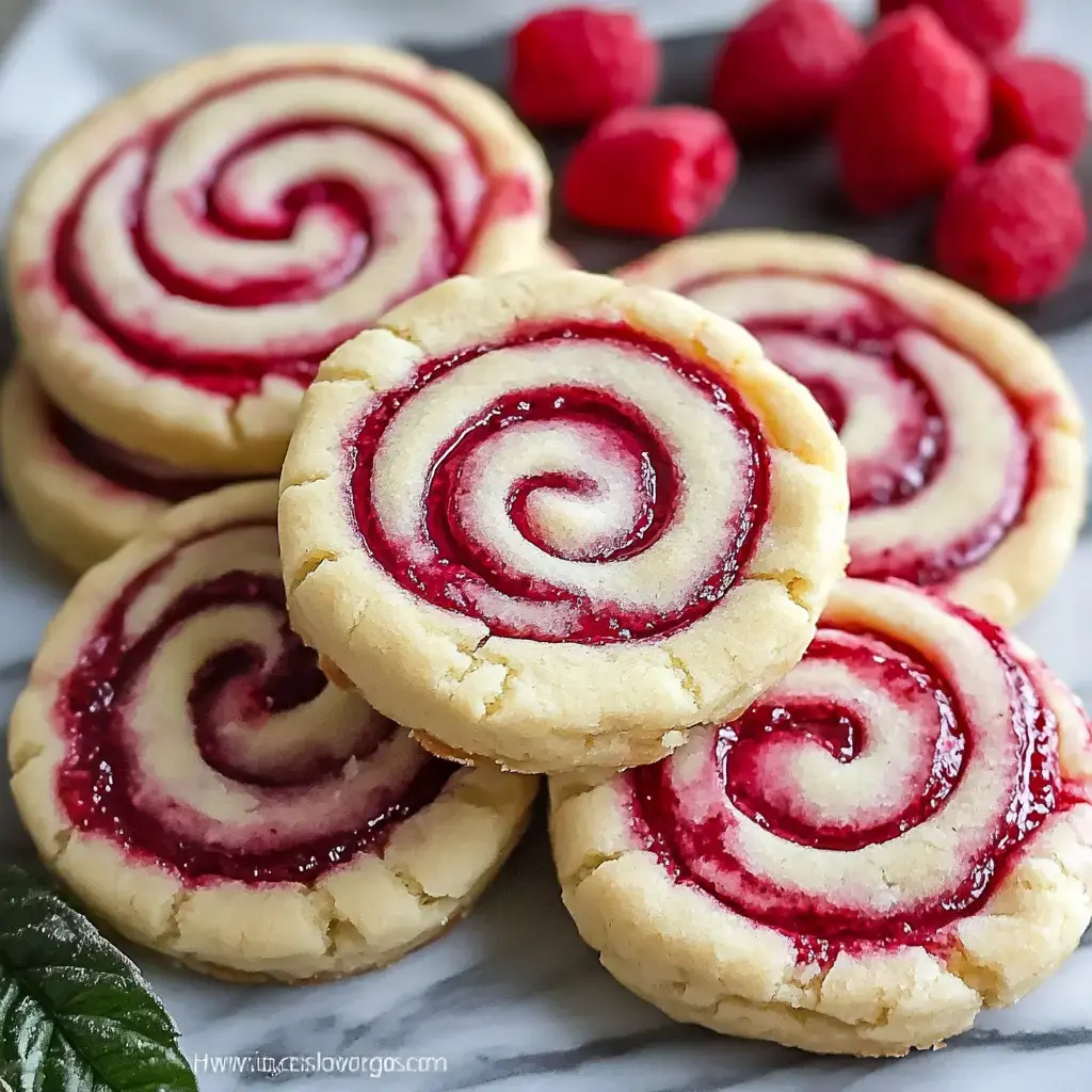 A close-up of spiral-shaped raspberry swirl cookies arranged on a marble surface, with fresh raspberries in the background.