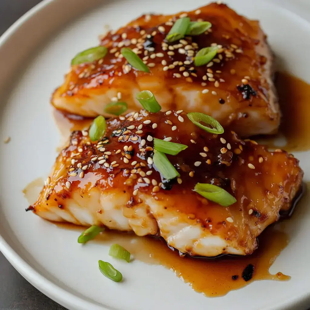 Two pieces of glazed fish with sesame seeds and chopped green onions are arranged on a white plate.