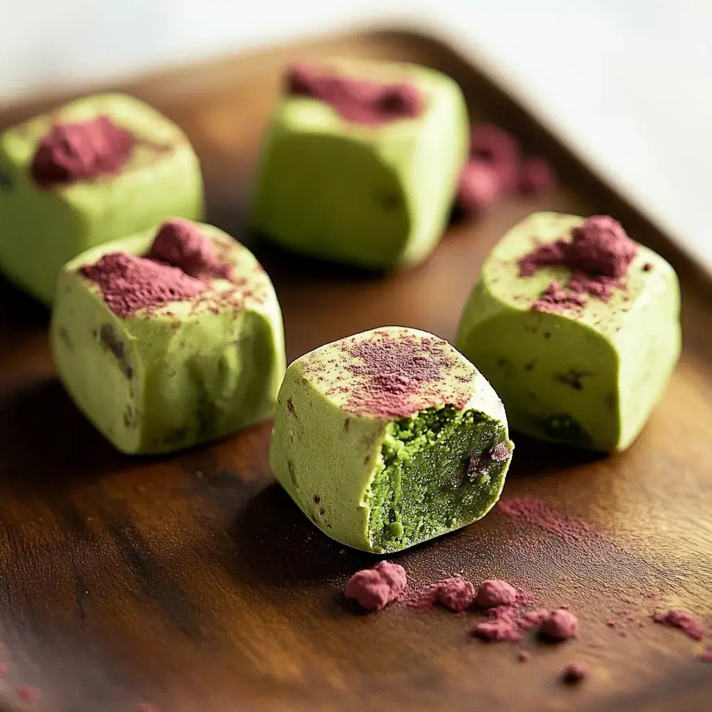 A plate of green matcha dessert cubes, topped with reddish-purple powder, with one cube bitten into revealing its green filling.