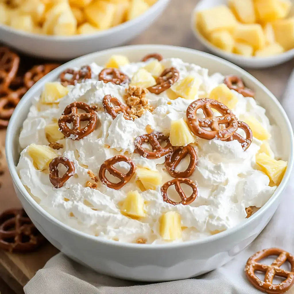 A large bowl of whipped cream topped with pineapple chunks and pretzel pieces.