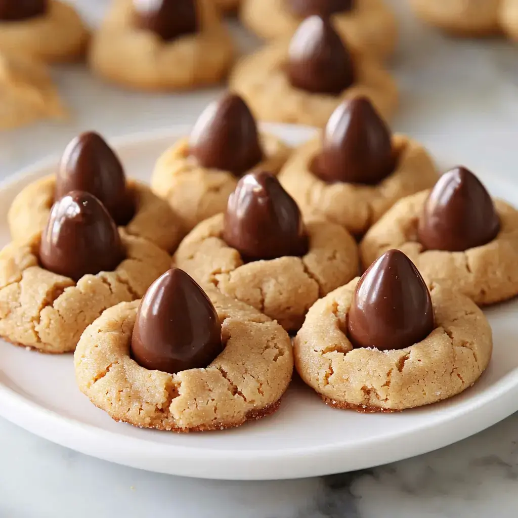 A plate of thumbprint cookies with a chocolate candy in the center of each cookie.