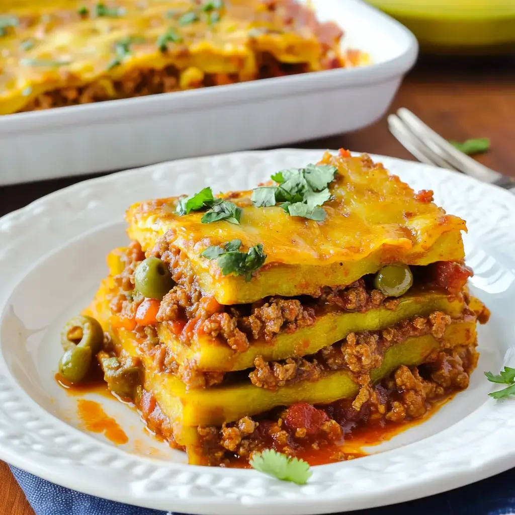 A close-up of a plated slice of layered casserole with ground meat, green olives, and herbs, next to a baking dish in the background.