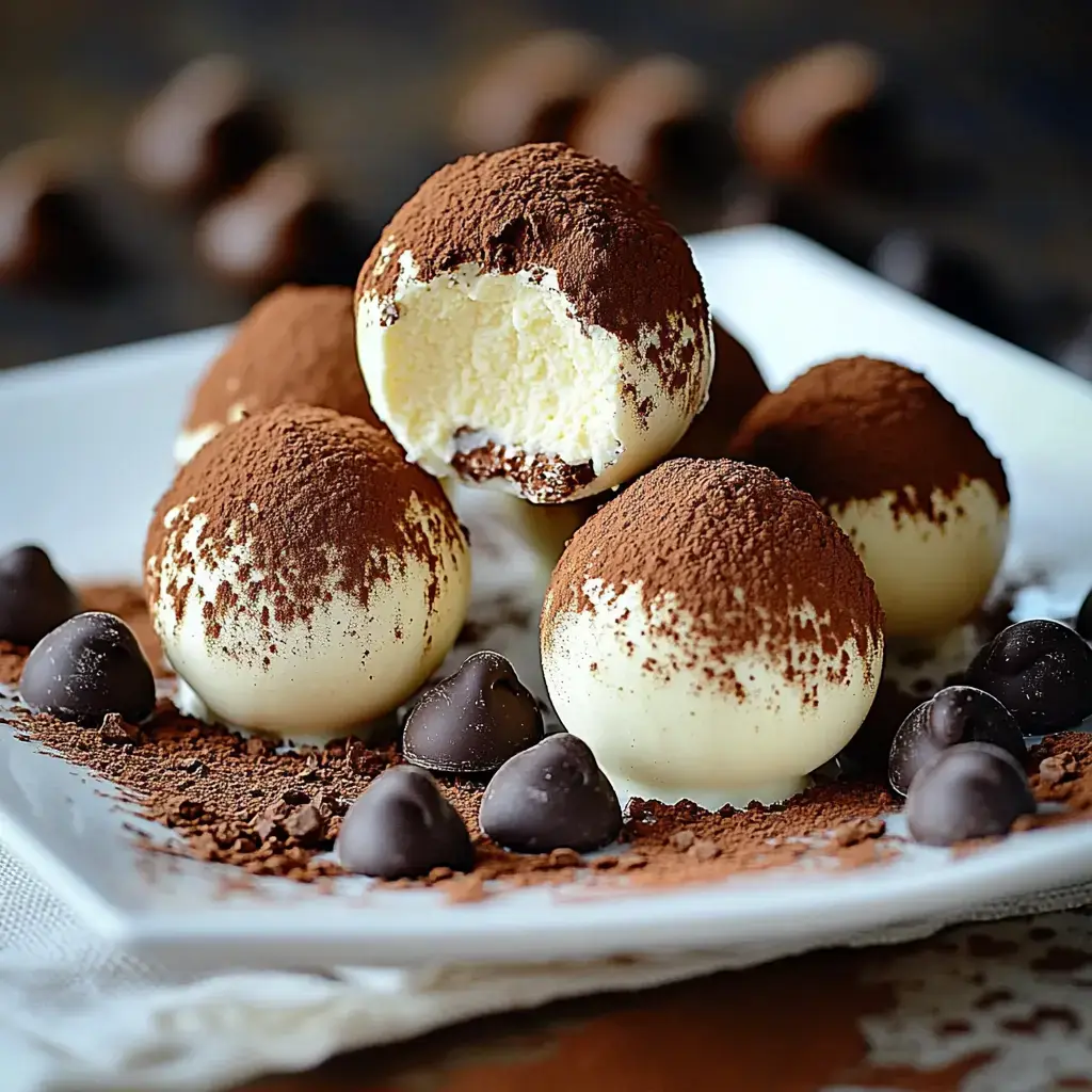 A plate of chocolate-coated truffles dusted with cocoa powder, with one truffle showing a bite taken out, surrounded by chocolate chips and cocoa powder.