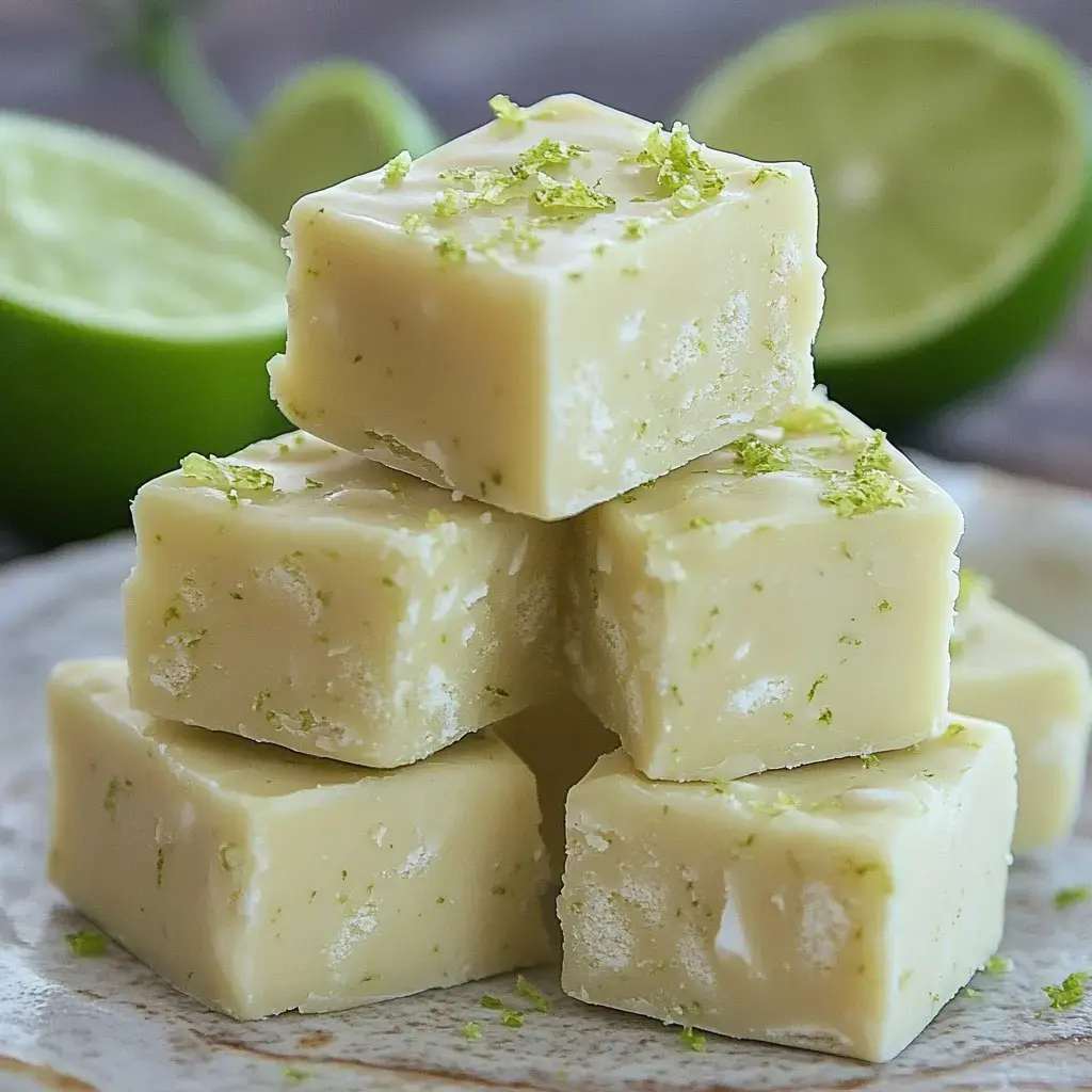 A stack of creamy lime-flavored fudge squares is surrounded by fresh lime halves and sprinkled with lime zest.