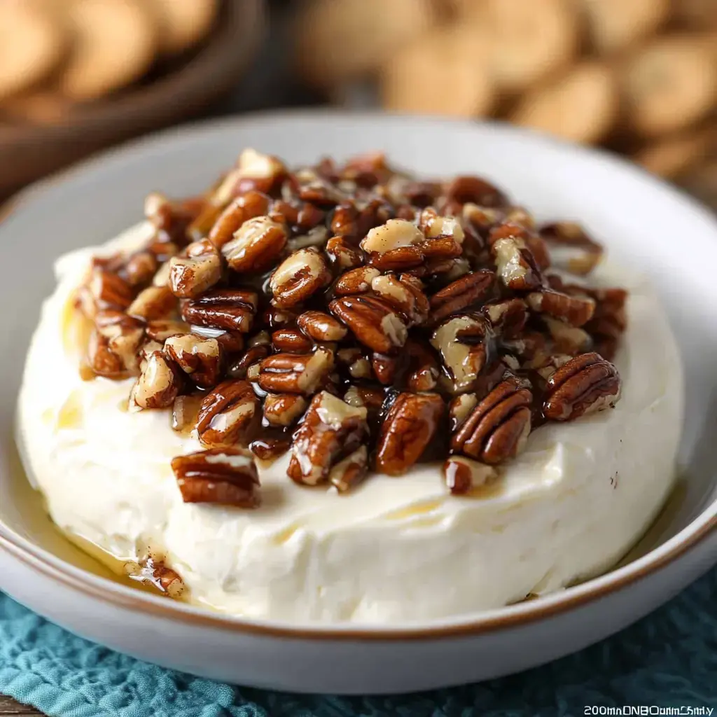 A creamy cheese round topped with a generous layer of caramelized pecans, served in a bowl.