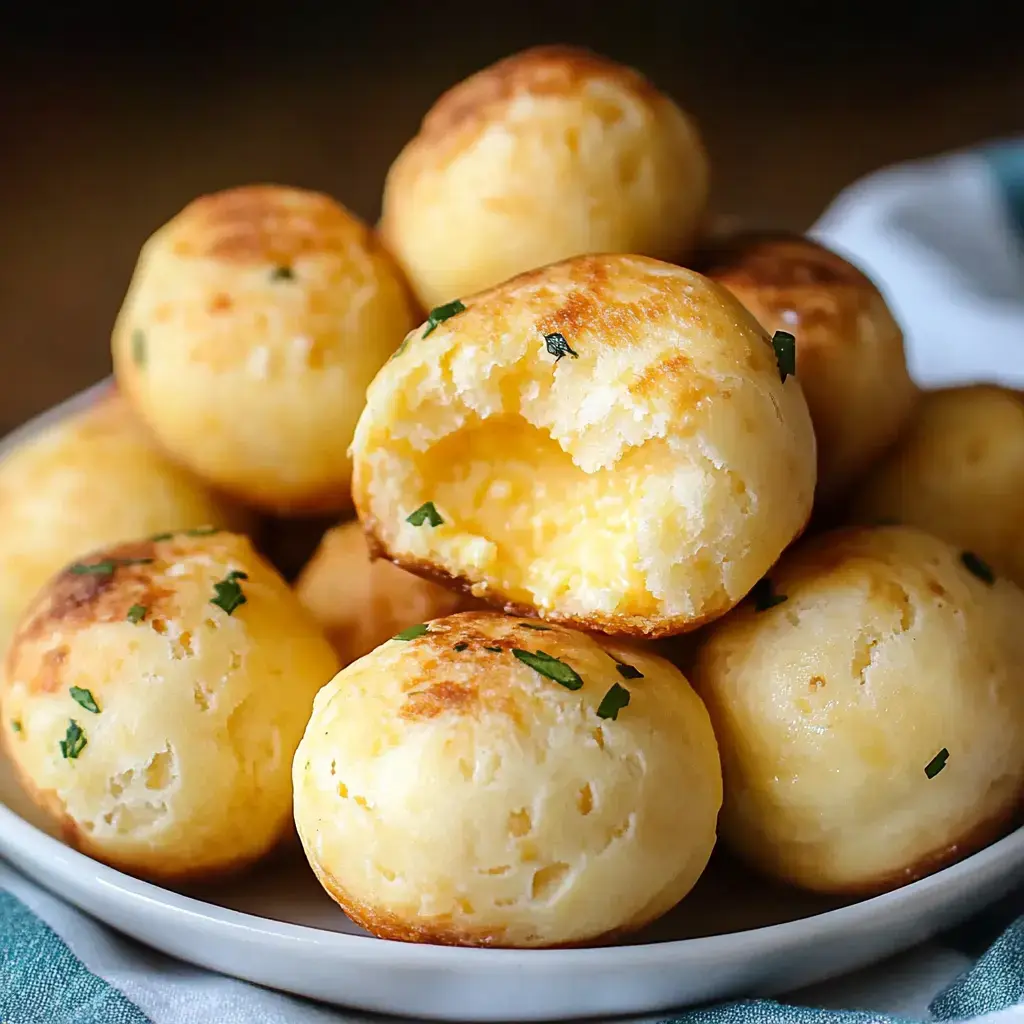 A plate of golden, round cheese bread rolls, some partially eaten, scattered with green herbs.