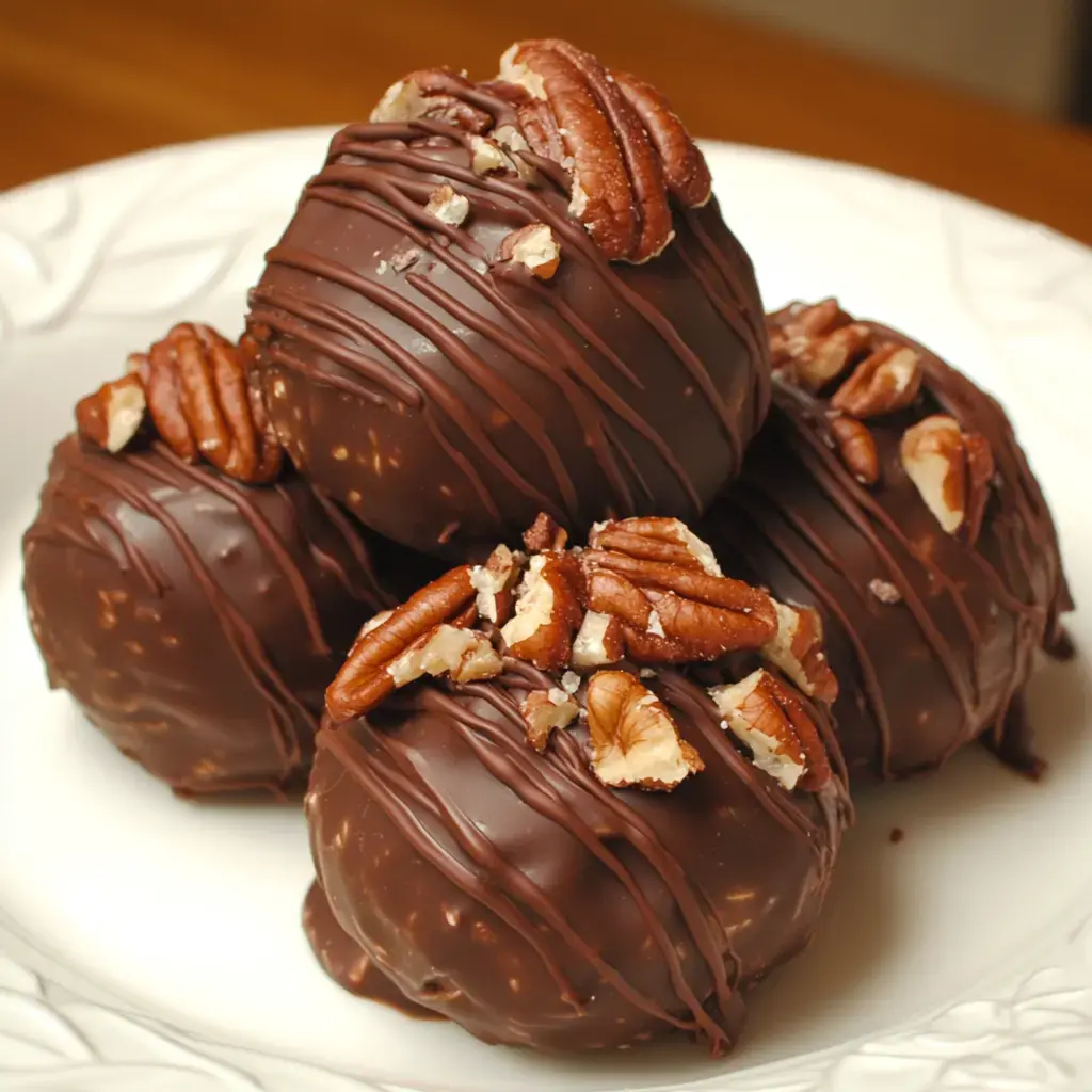 A plate of four chocolate-covered truffles topped with chopped pecans and drizzled with chocolate.