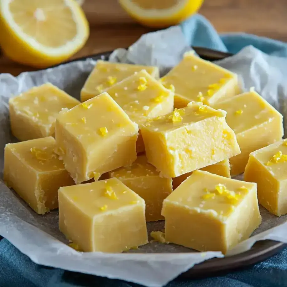 A plate of lemon fudge squares garnished with lemon zest, surrounded by cut lemons on a wooden surface.