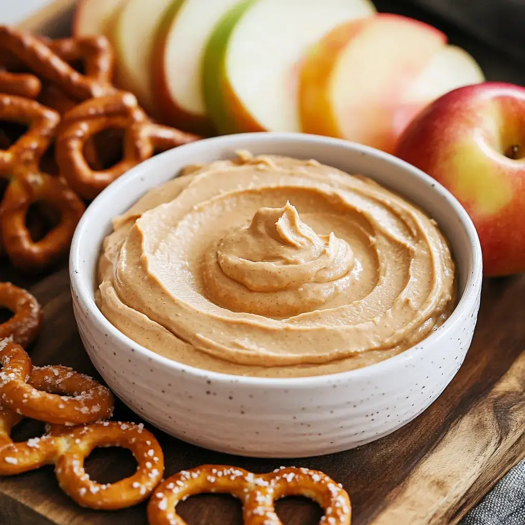 A bowl of creamy dip is surrounded by apple slices and pretzels on a wooden platter.