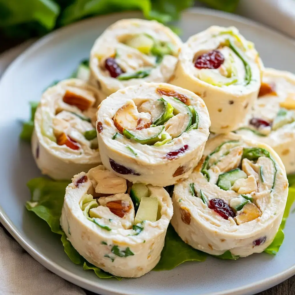 A plate of sliced chicken and vegetable wraps, featuring spinach, cranberries, and almonds, arranged on a bed of lettuce.