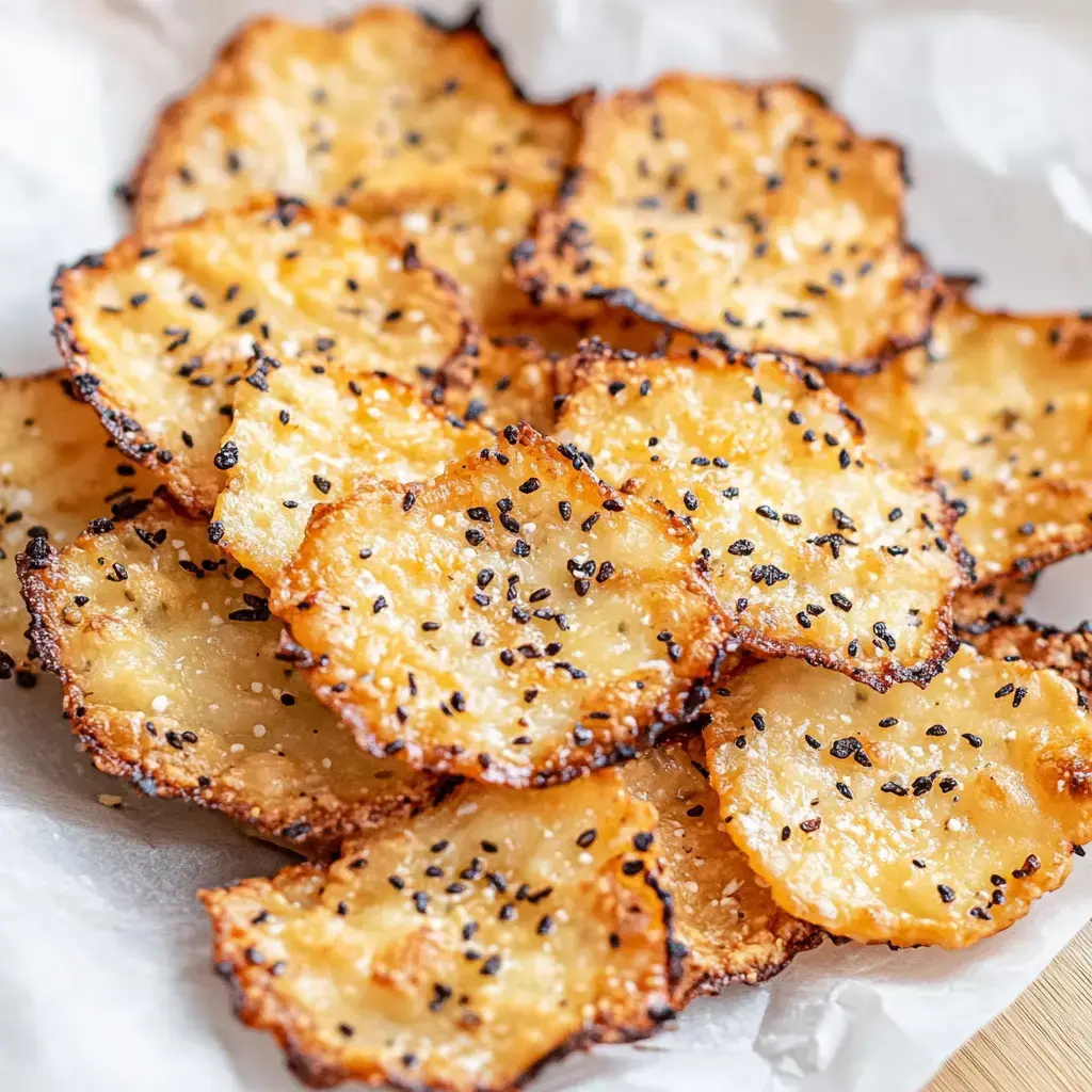 A close-up of golden, crispy potato chips topped with black sesame seeds, arranged neatly on a white paper.