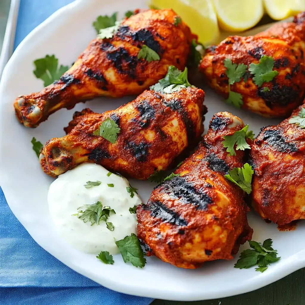 A plate of grilled chicken drumsticks coated in red spice rub, garnished with fresh cilantro and served with a creamy dipping sauce and lemon wedges.