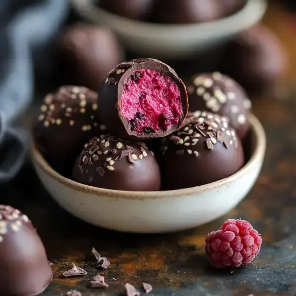 A bowl of chocolate-coated truffles, with one truffle cut in half to reveal a vibrant pink filling, surrounded by whole truffles and a raspberry.