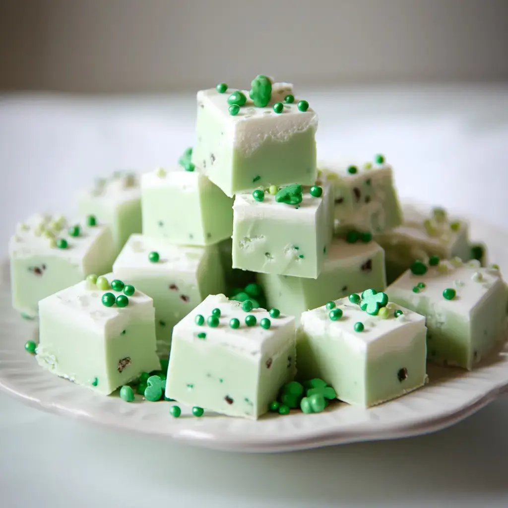 A plate stacked with green mint fudge cubes, decorated with various shades of green sprinkles and small clover shapes.