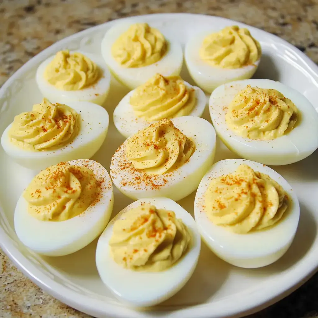 A plate of deviled eggs topped with yellow filling and sprinkled with paprika.