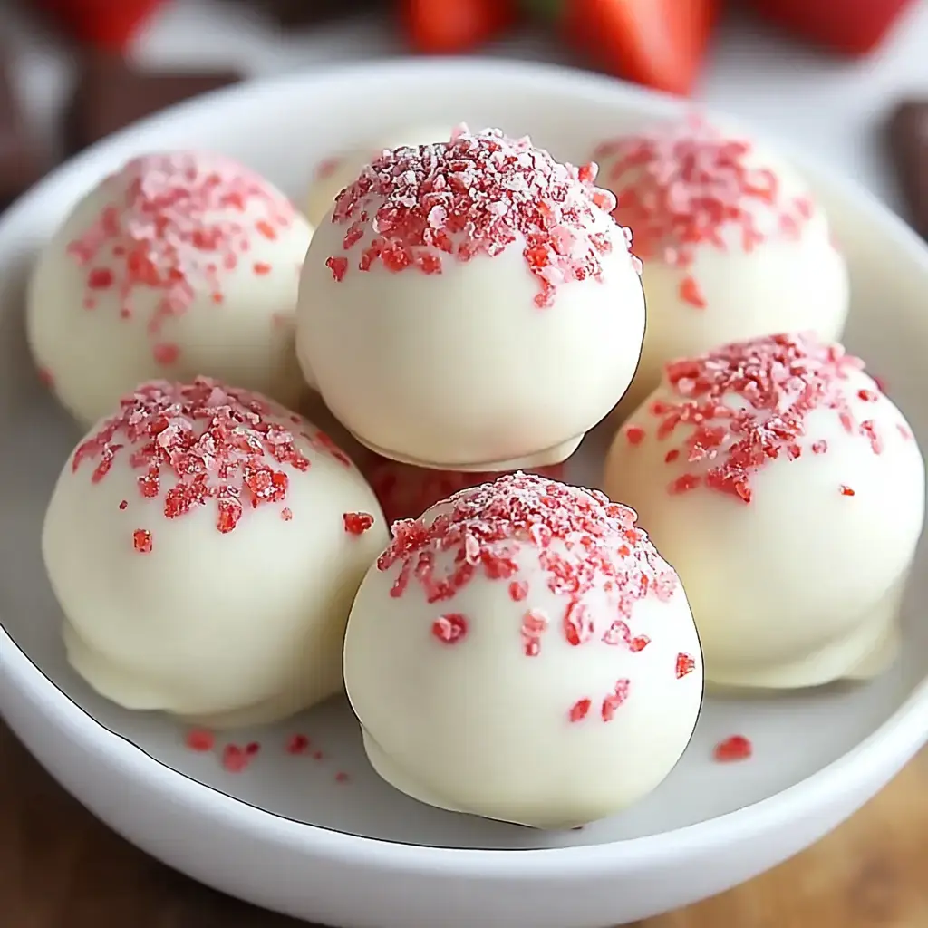 A bowl of white chocolate-covered truffles topped with crushed red candy.