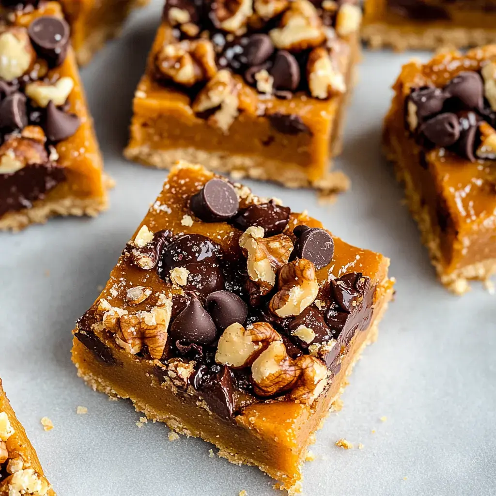 A close-up image of layered dessert bars topped with chocolate chips and chopped walnuts on a light background.