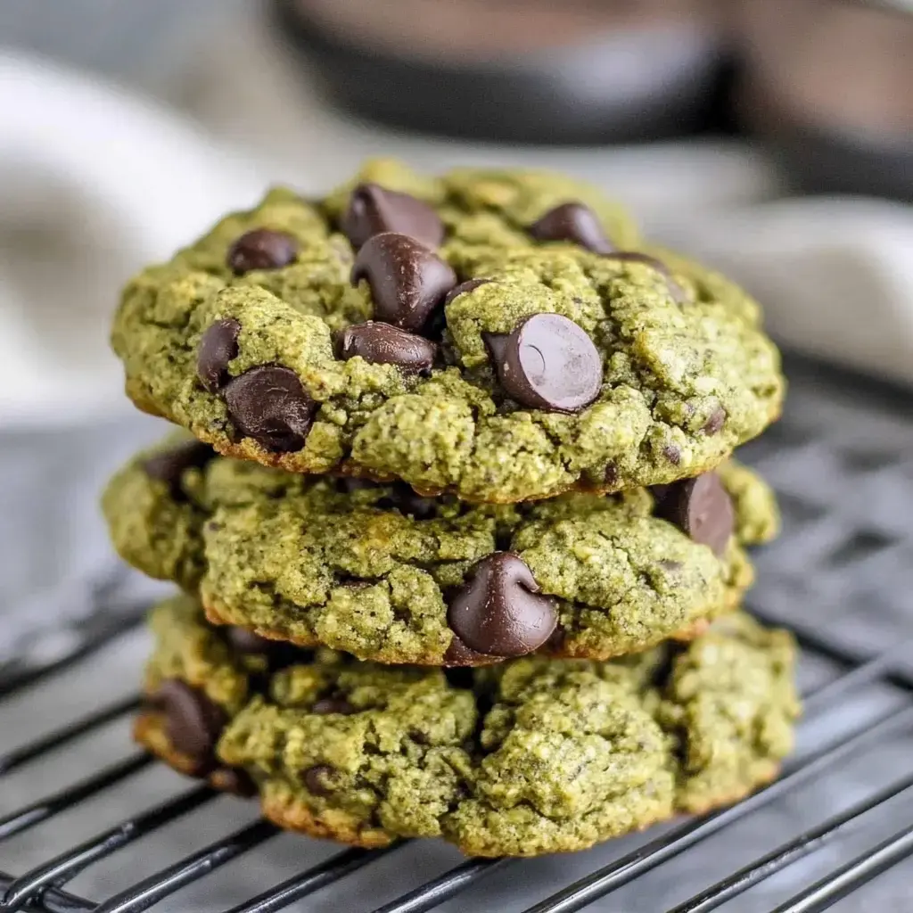 A stack of green cookies with chocolate chips is displayed on a wire cooling rack.