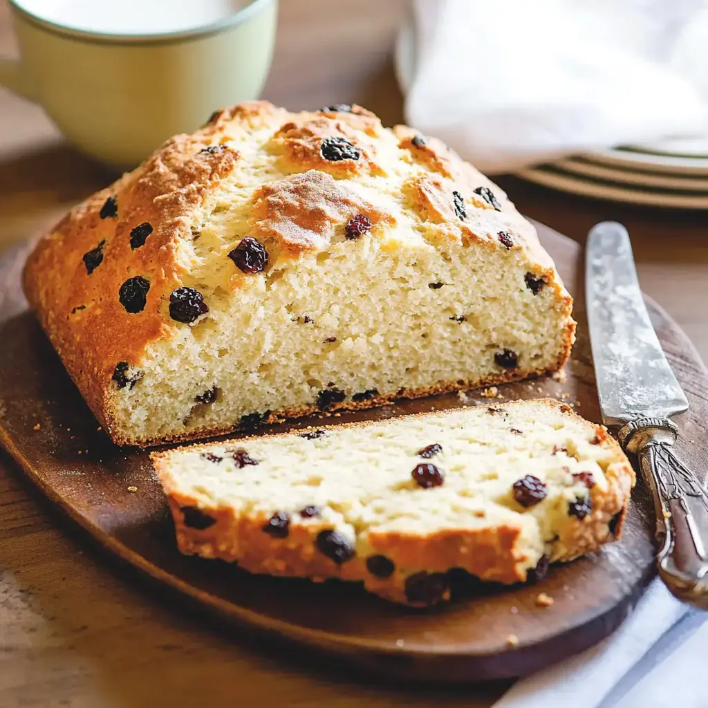 A freshly baked loaf of bread studded with raisins is sliced on a wooden board, accompanied by a butter knife and a cup of milk in the background.