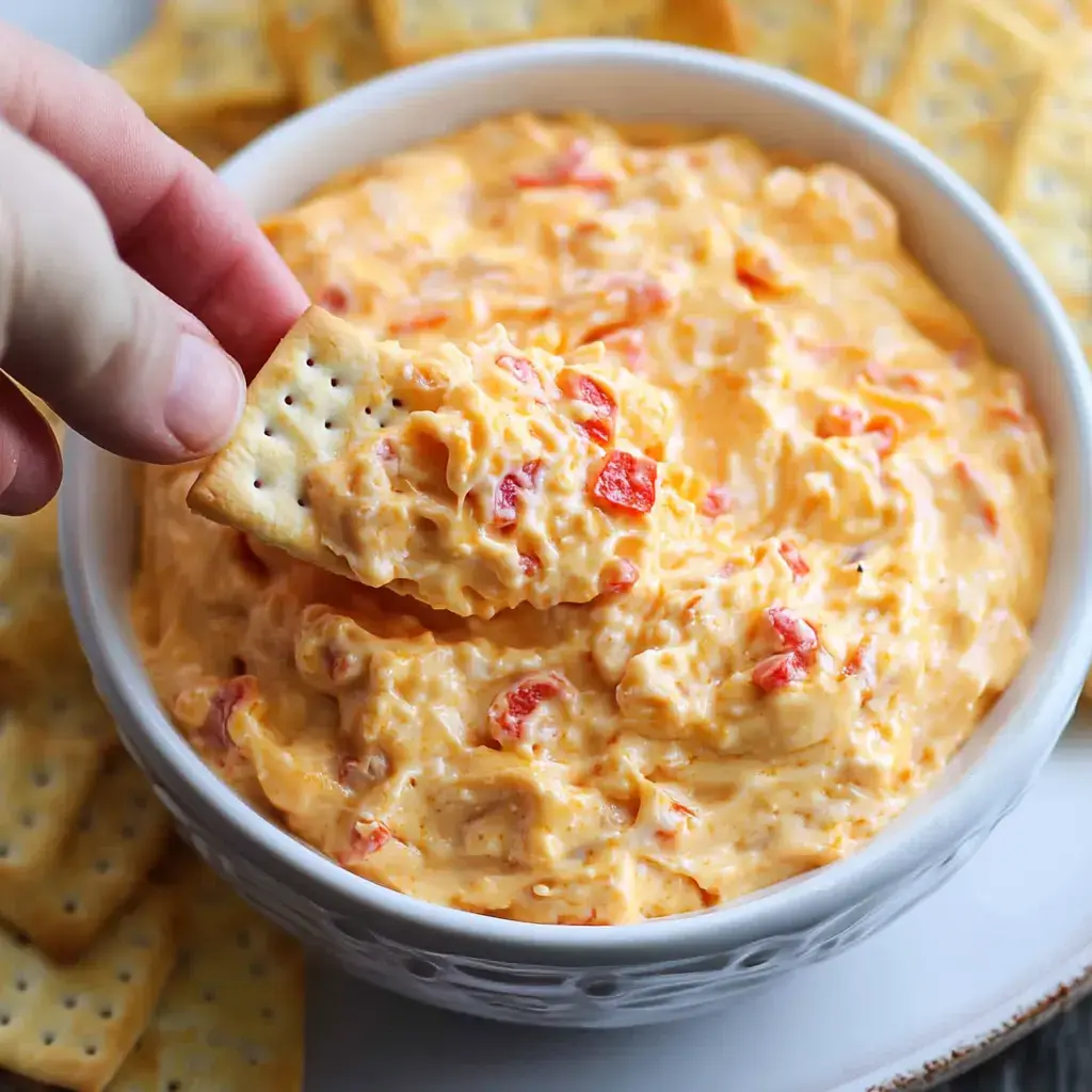 A hand dips a cracker into a bowl of creamy, orange dip mixed with red bits.