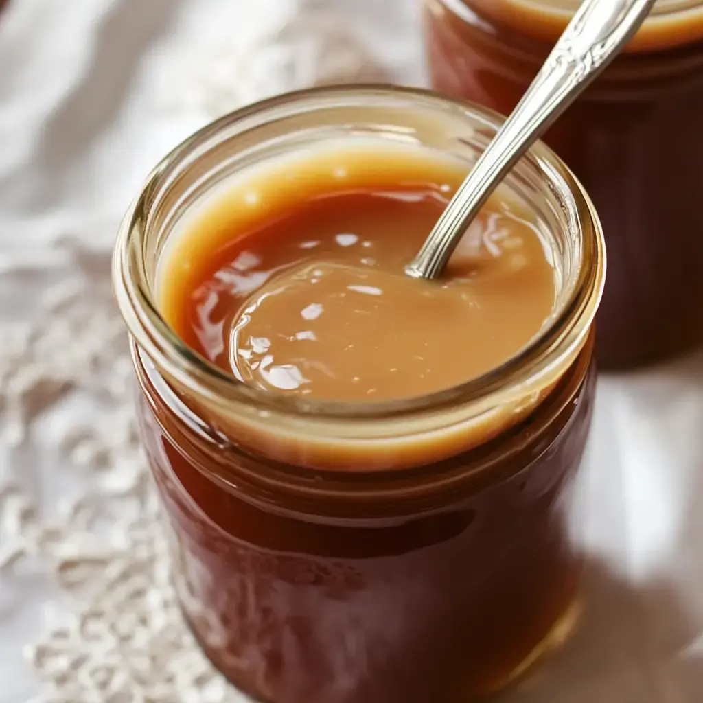 A close-up of a glass jar filled with creamy caramel sauce and a spoon resting inside it.